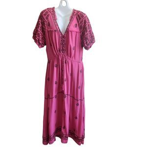 Free People Boho Maxi Dress-Contrast Embroidery-Crinkle-Fuchsia-Puffy Sleeves-L
